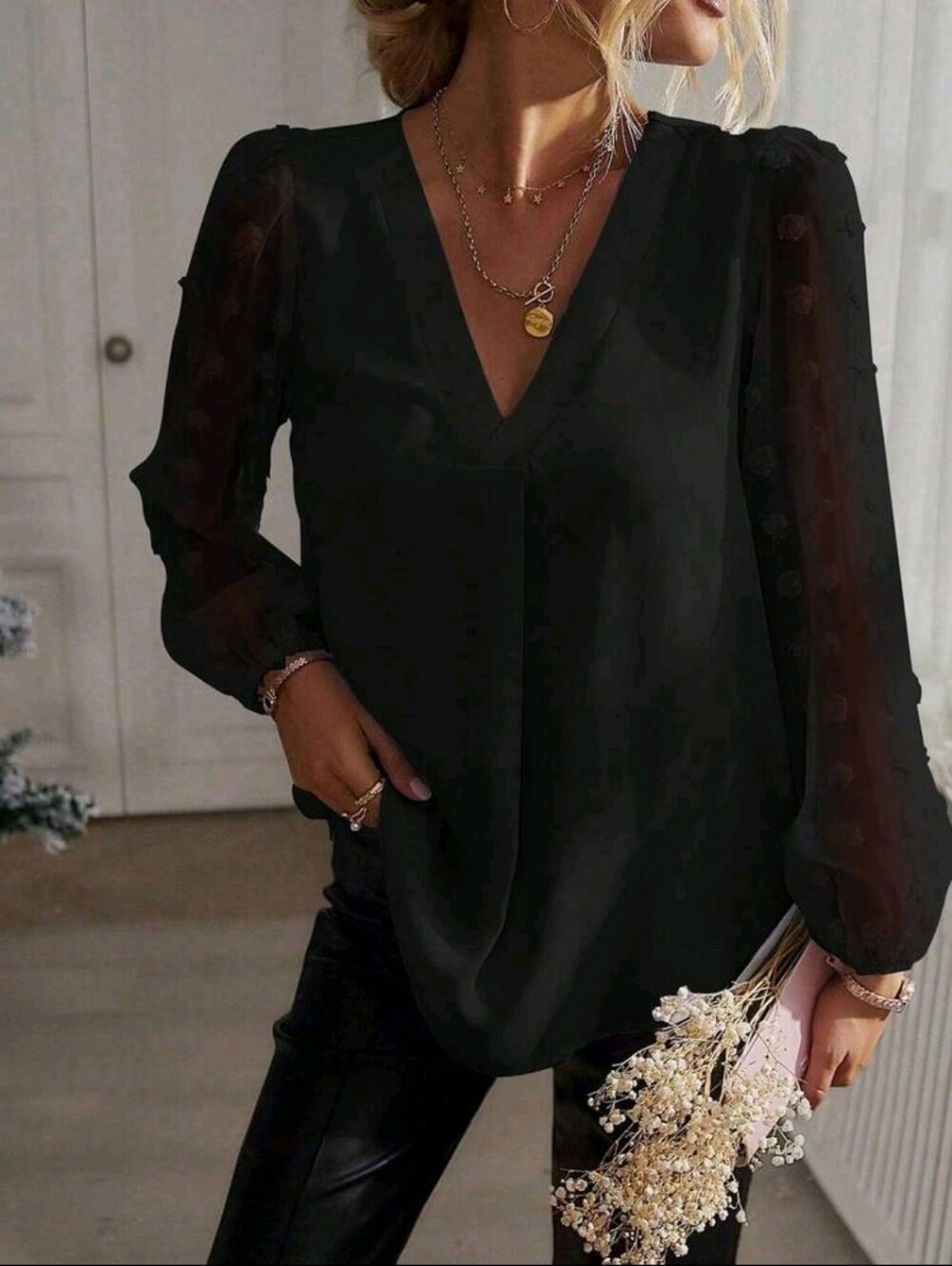 BRAND NEW ** Elegant Black V-Neck Blouse with Sheer Sleeves